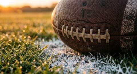 Catatan angka pasaran bola dan skor pertandingan di atas meja kayu
